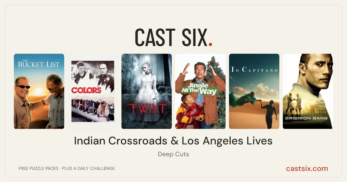 Indian Crossroads & Los Angeles Lives: a Cast Six movie puzzle. Six movie posters in a row: The Bucket List, Colors, Twixt, Jingle All the Way, Io Capitano, Gridiron Gang. Six movies, six categories, three checks. Free to play at castsix.com.