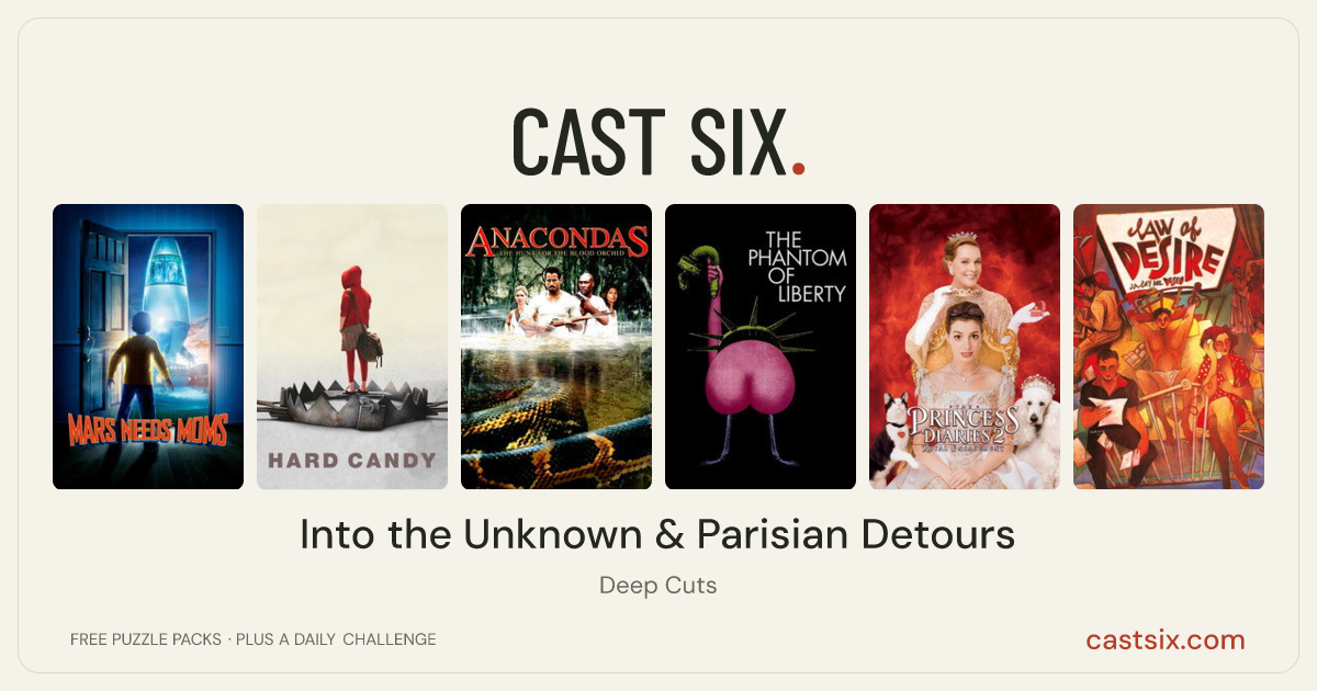 Into the Unknown & Parisian Detours: a Cast Six movie puzzle. Six movie posters in a row: Mars Needs Moms, Hard Candy, Anacondas: The Hunt for the Blood Orchid, The Phantom of Liberty, The Princess Diaries 2: Royal Engagement, Law of Desire. Six movies, six categories, three checks. Free to play at castsix.com.