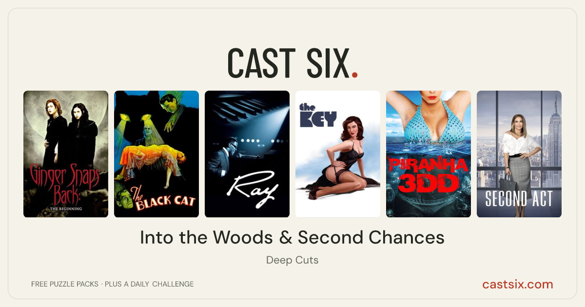 Into the Woods & Second Chances: a Cast Six movie puzzle. Six movie posters in a row: Ginger Snaps Back: The Beginning, The Black Cat, Ray, The Key, Piranha 3DD, Second Act. Six movies, six categories, three checks. Free to play at castsix.com.