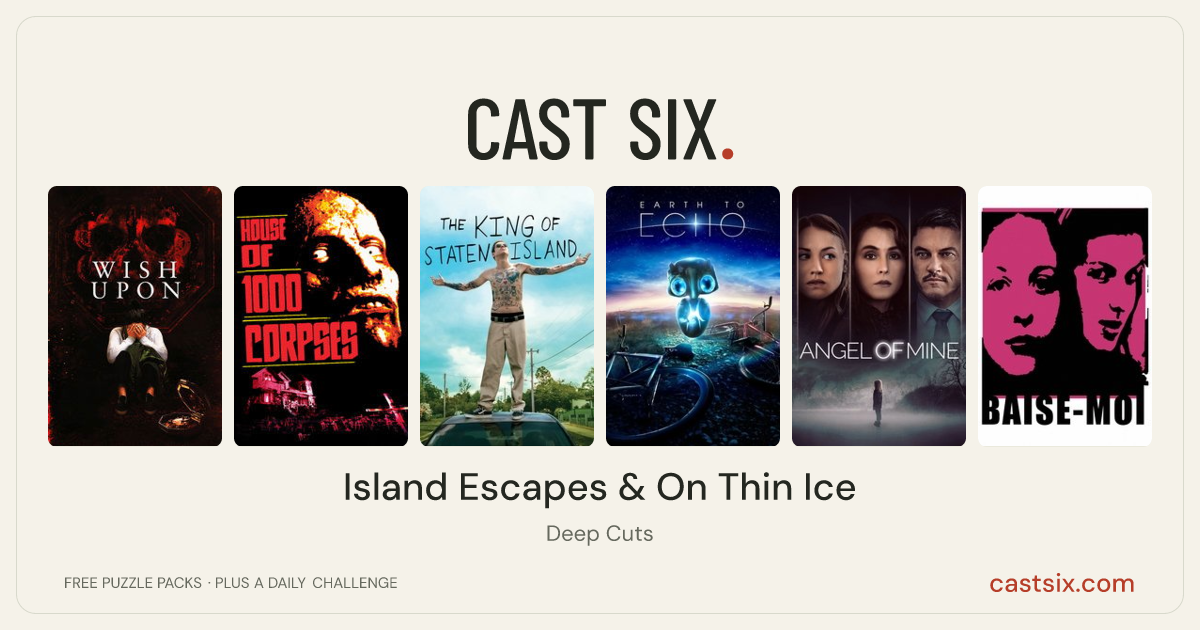 Island Escapes & On Thin Ice: a Cast Six movie puzzle. Six movie posters in a row: Wish Upon, House of 1000 Corpses, The King of Staten Island, Earth to Echo, Angel of Mine, Baise-moi. Six movies, six categories, three checks. Free to play at castsix.com.
