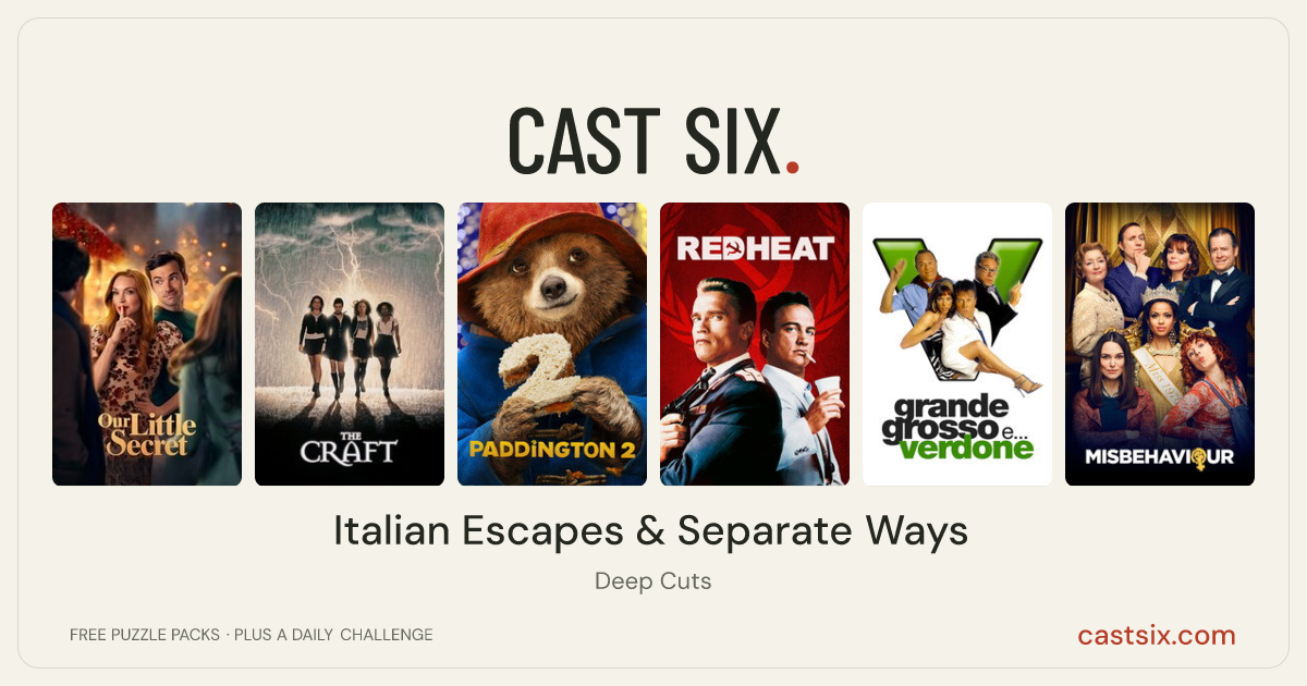 Italian Escapes & Separate Ways: a Cast Six movie puzzle. Six movie posters in a row: Our Little Secret, The Craft, Paddington 2, Red Heat, Grande, grosso e... Verdone, Misbehaviour. Six movies, six categories, three checks. Free to play at castsix.com.