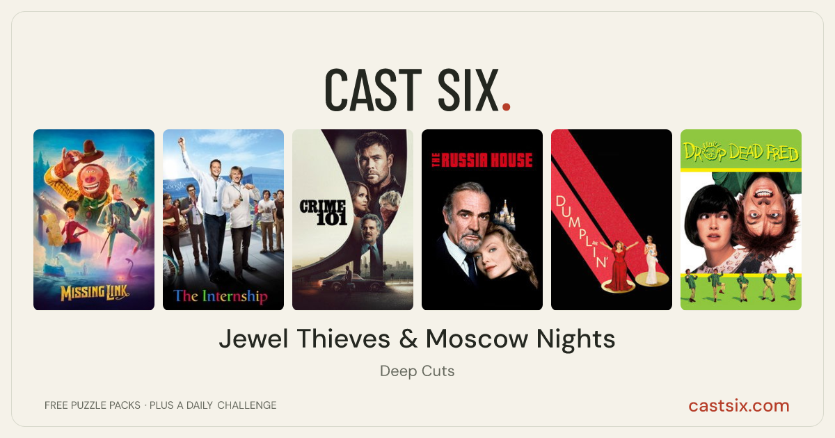 Jewel Thieves & Moscow Nights: a Cast Six movie puzzle. Six movie posters in a row: Missing Link, The Internship, Crime 101, The Russia House, Dumplin', Drop Dead Fred. Six movies, six categories, three checks. Free to play at castsix.com.