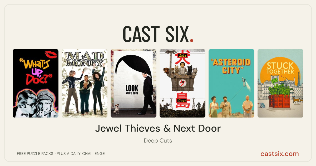 Jewel Thieves & Next Door: a Cast Six movie puzzle. Six movie posters in a row: What's Up, Doc?, Mad Money, Look Who's Back, Isle of Dogs, Asteroid City, Stuck Together. Six movies, six categories, three checks. Free to play at castsix.com.