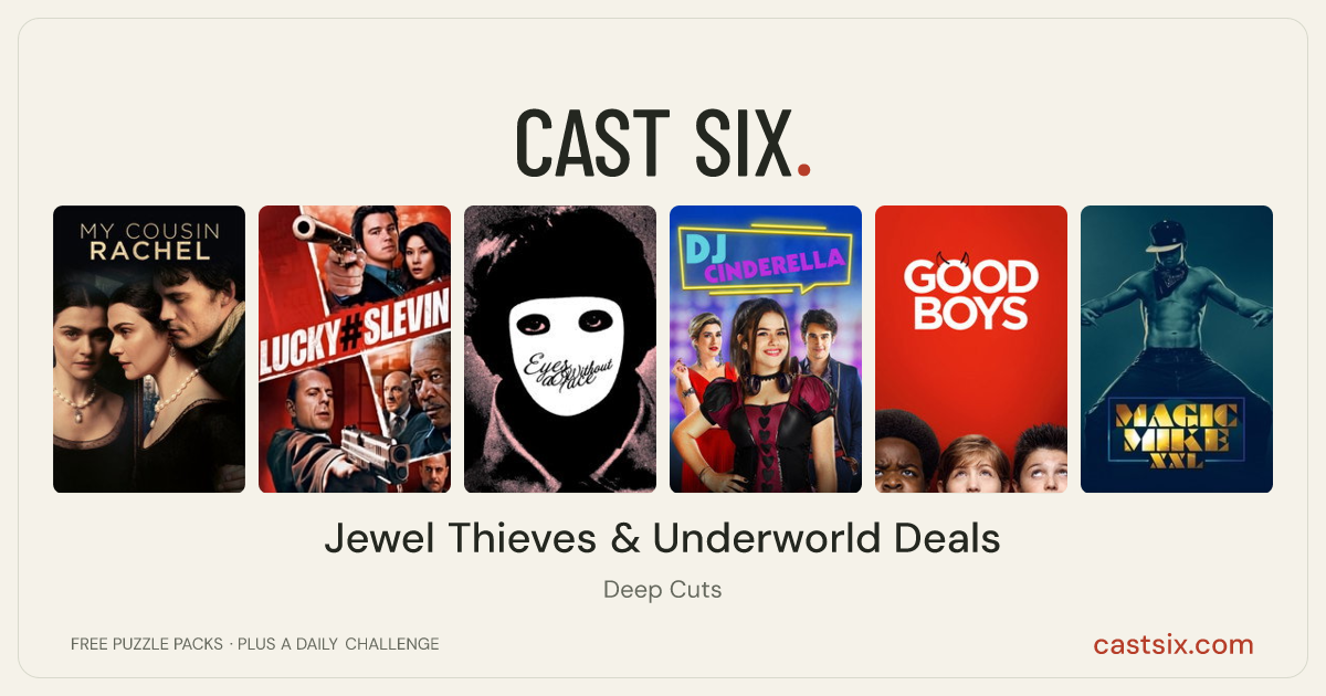 Jewel Thieves & Underworld Deals: a Cast Six movie puzzle. Six movie posters in a row: My Cousin Rachel, Lucky Number Slevin, Eyes Without a Face, DJ Cinderella, Good Boys, Magic Mike XXL. Six movies, six categories, three checks. Free to play at castsix.com.