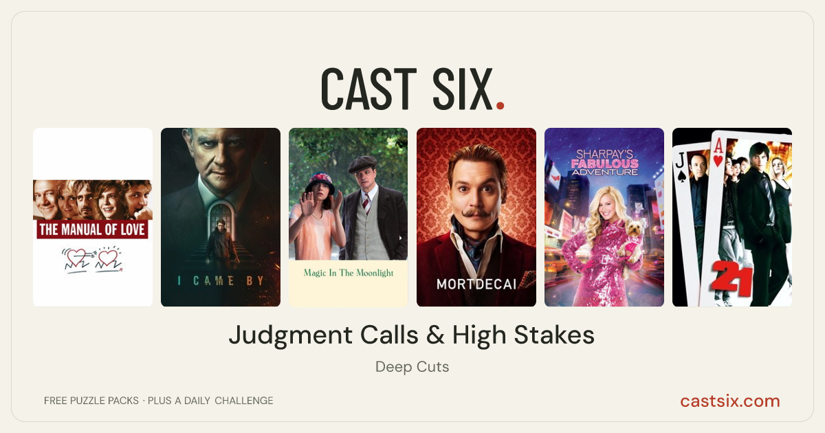 Judgment Calls & High Stakes: a Cast Six movie puzzle. Six movie posters in a row: The Manual of Love, I Came By, Magic in the Moonlight, Mortdecai, Sharpay's Fabulous Adventure, 21. Six movies, six categories, three checks. Free to play at castsix.com.