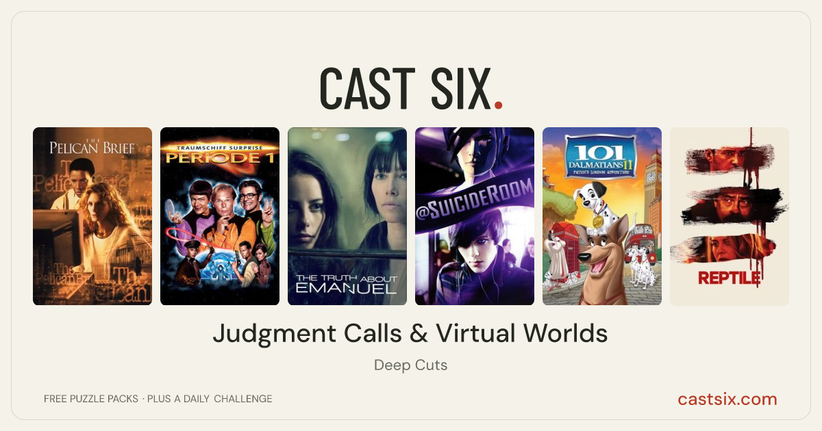 Judgment Calls & Virtual Worlds: a Cast Six movie puzzle. Six movie posters in a row: The Pelican Brief, (T)Raumschiff Surprise - Periode 1, The Truth About Emanuel, Suicide Room, 101 Dalmatians II: Patch's London Adventure, Reptile. Six movies, six categories, three checks. Free to play at castsix.com.