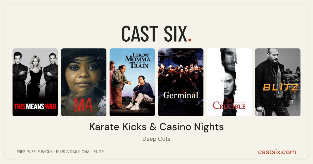 Karate Kicks & Casino Nights: a Cast Six movie puzzle. Six movie posters in a row: This Means War, Ma, Throw Momma from the Train, Germinal, The Crucible, Blitz. Six movies, six categories, three checks. Free to play at castsix.com.