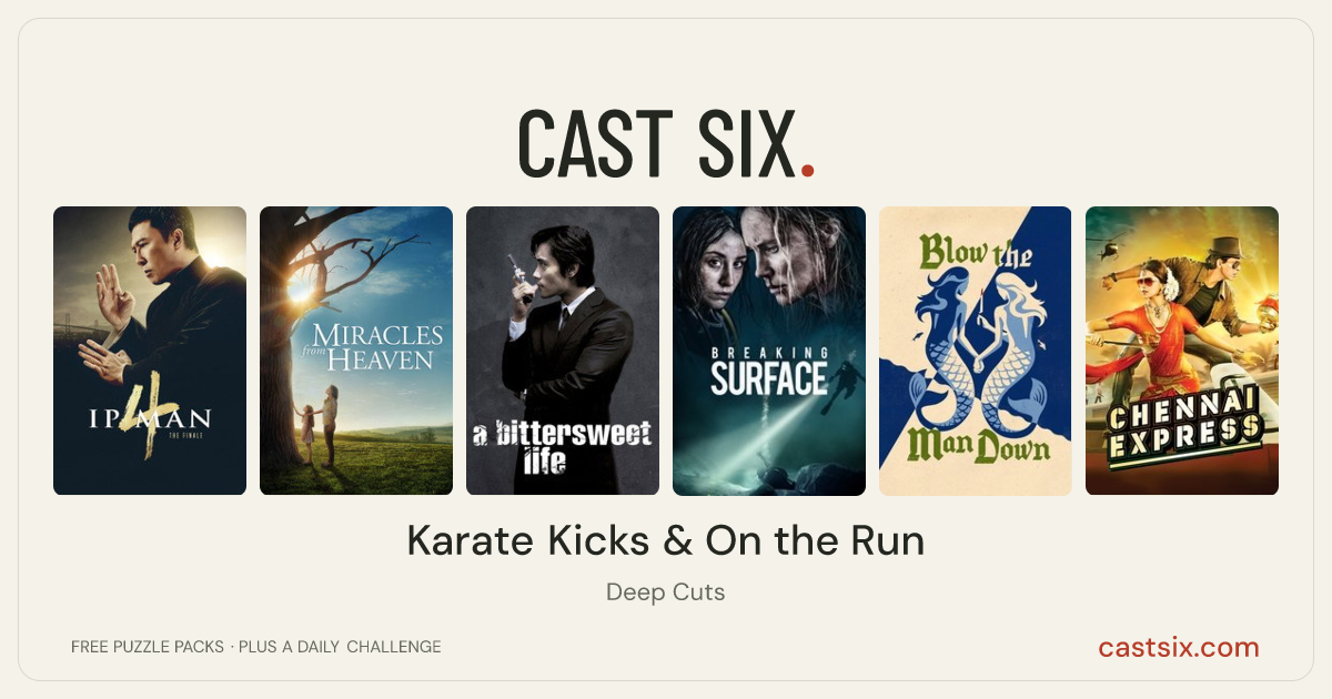 Karate Kicks & On the Run: a Cast Six movie puzzle. Six movie posters in a row: Ip Man 4: The Finale, Miracles from Heaven, A Bittersweet Life, Breaking Surface, Blow the Man Down, Chennai Express. Six movies, six categories, three checks. Free to play at castsix.com.