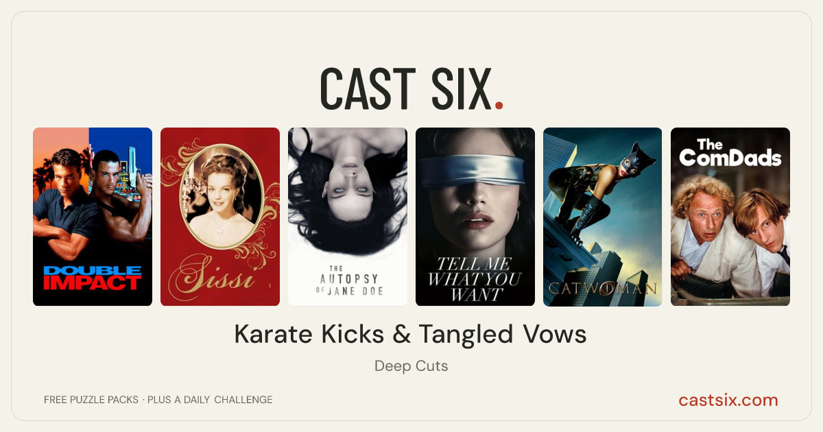 Karate Kicks & Tangled Vows: a Cast Six movie puzzle. Six movie posters in a row: Double Impact, Sissi, The Autopsy of Jane Doe, Tell Me What You Want, Catwoman, The ComDads. Six movies, six categories, three checks. Free to play at castsix.com.