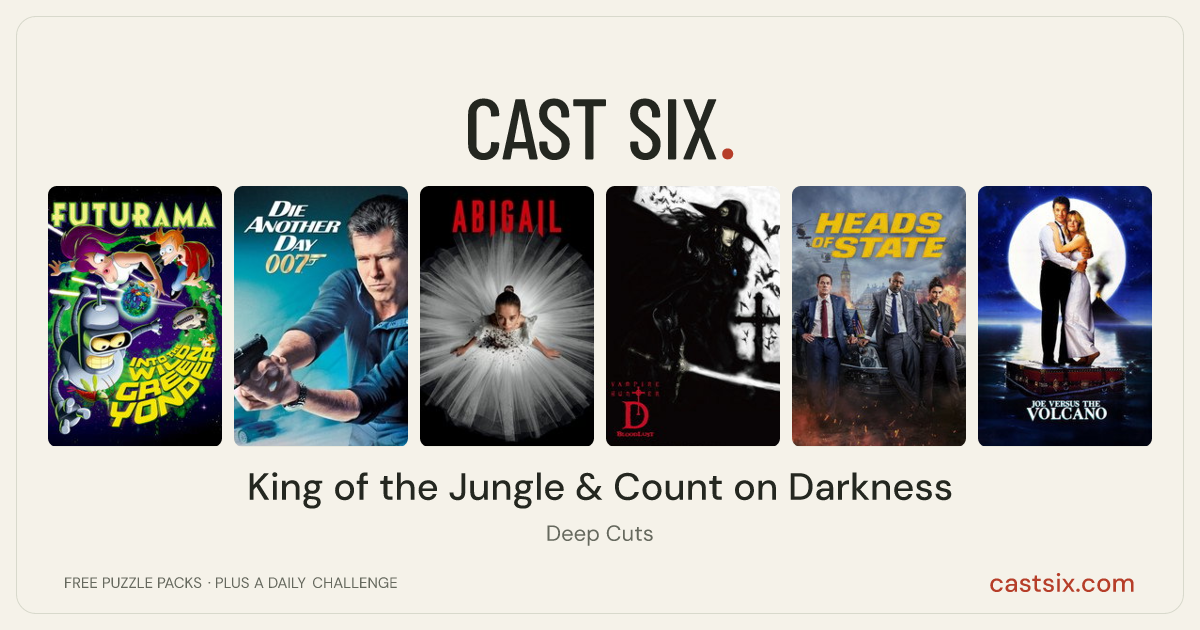 King of the Jungle & Count on Darkness: a Cast Six movie puzzle. Six movie posters in a row: Futurama: Into the Wild Green Yonder, Die Another Day, Abigail, Vampire Hunter D: Bloodlust, Heads of State, Joe Versus the Volcano. Six movies, six categories, three checks. Free to play at castsix.com.