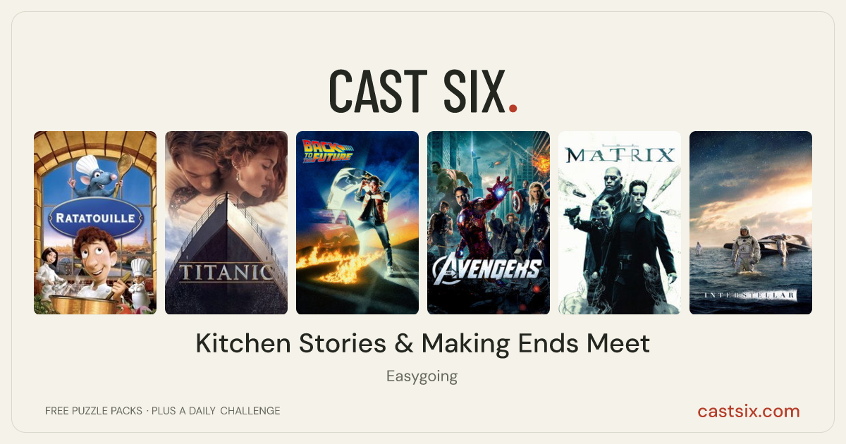 Kitchen Stories & Making Ends Meet: a Cast Six movie puzzle. Six movie posters in a row: Ratatouille, Titanic, Back to the Future, The Avengers, The Matrix, Interstellar. Six movies, six categories, three checks. Free to play at castsix.com.