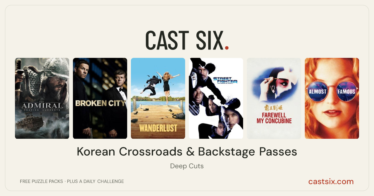 Korean Crossroads & Backstage Passes: a Cast Six movie puzzle. Six movie posters in a row: The Admiral: Roaring Currents, Broken City, Wanderlust, Street Fighter: The Legend of Chun-Li, Farewell My Concubine, Almost Famous. Six movies, six categories, three checks. Free to play at castsix.com.