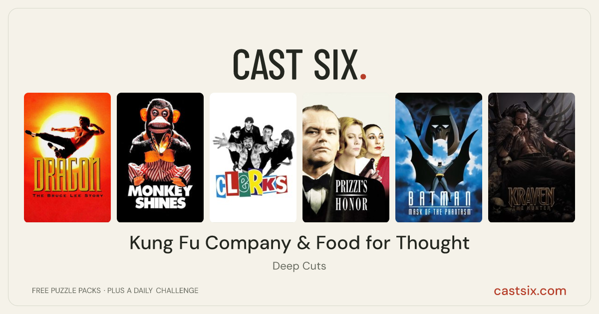 Kung Fu Company & Food for Thought: a Cast Six movie puzzle. Six movie posters in a row: Dragon: The Bruce Lee Story, Monkey Shines, Clerks, Prizzi's Honor, Batman: Mask of the Phantasm, Kraven the Hunter. Six movies, six categories, three checks. Free to play at castsix.com.