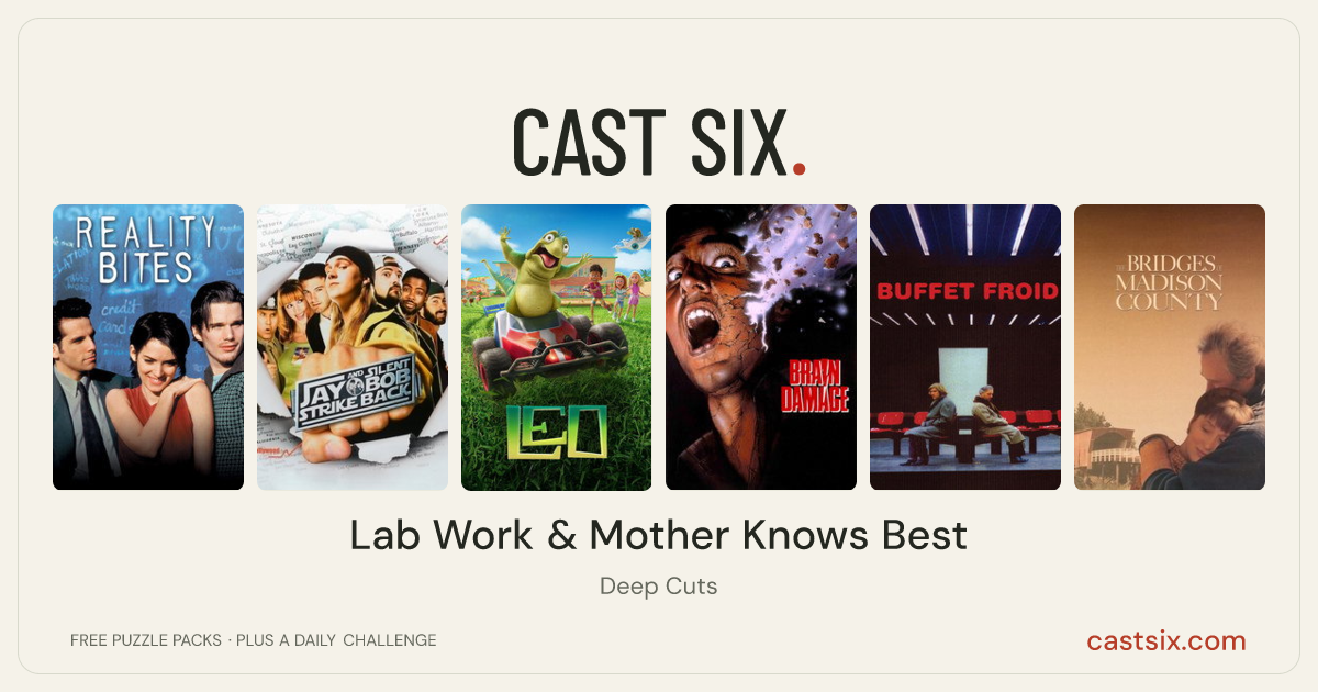 Lab Work & Mother Knows Best: a Cast Six movie puzzle. Six movie posters in a row: Reality Bites, Jay and Silent Bob Strike Back, Leo, Brain Damage, Buffet Froid, The Bridges of Madison County. Six movies, six categories, three checks. Free to play at castsix.com.