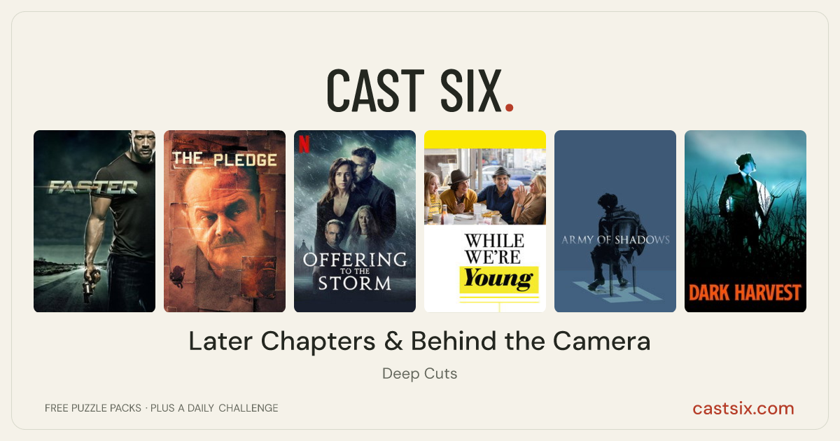Later Chapters & Behind the Camera: a Cast Six movie puzzle. Six movie posters in a row: Faster, The Pledge, Offering to the Storm, While We're Young, Army of Shadows, Dark Harvest. Six movies, six categories, three checks. Free to play at castsix.com.