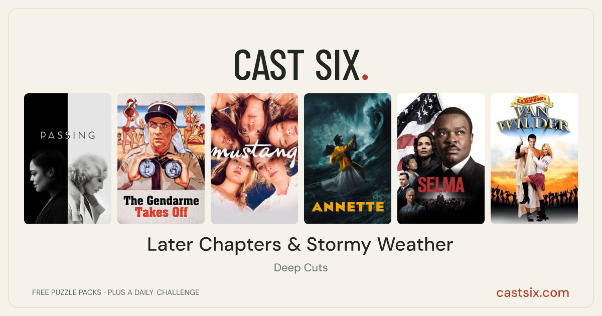 Later Chapters & Stormy Weather: a Cast Six movie puzzle. Six movie posters in a row: Passing, The Gendarme Takes Off, Mustang, Annette, Selma, National Lampoon's Van Wilder. Six movies, six categories, three checks. Free to play at castsix.com.