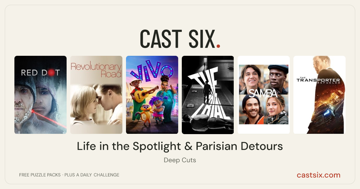 Life in the Spotlight & Parisian Detours: a Cast Six movie puzzle. Six movie posters in a row: Red Dot, Revolutionary Road, Vivo, The Trial, Samba, The Transporter Refueled. Six movies, six categories, three checks. Free to play at castsix.com.