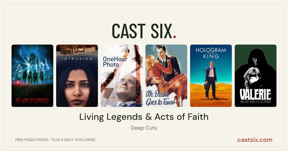 Living Legends & Acts of Faith: a Cast Six movie puzzle. Six movie posters in a row: Scary Stories to Tell in the Dark, Intrusion, One Hour Photo, Mr. Deeds Goes to Town, A Hologram for the King, Valerie and Her Week of Wonders. Six movies, six categories, three checks. Free to play at castsix.com.