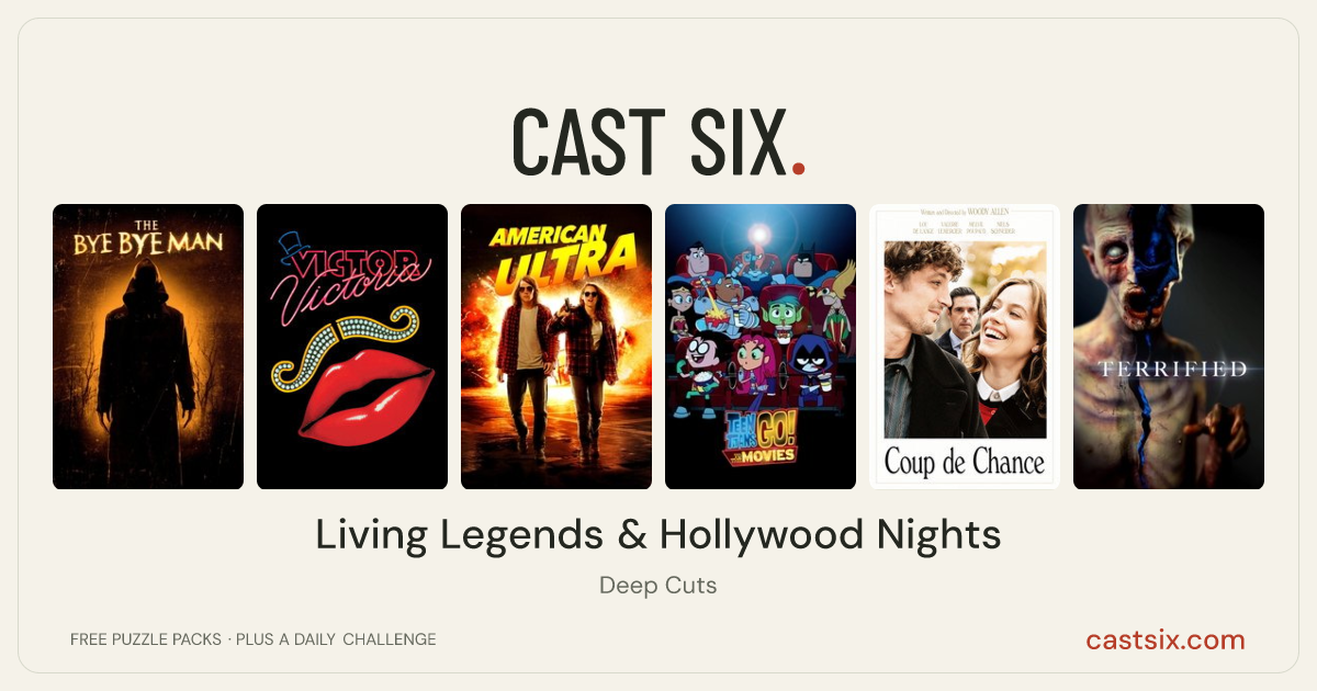 Living Legends & Hollywood Nights: a Cast Six movie puzzle. Six movie posters in a row: The Bye Bye Man, Victor/Victoria, American Ultra, Teen Titans Go! To the Movies, Coup de chance, Terrified. Six movies, six categories, three checks. Free to play at castsix.com.