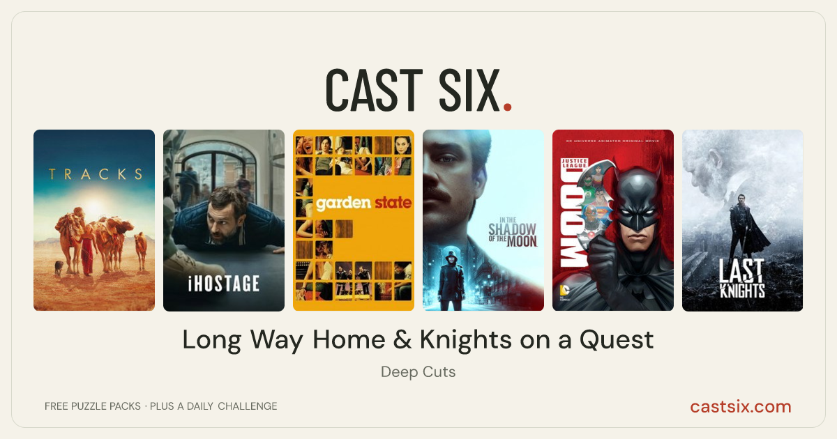 Long Way Home & Knights on a Quest: a Cast Six movie puzzle. Six movie posters in a row: Tracks, iHostage, Garden State, In the Shadow of the Moon, Justice League: Doom, Last Knights. Six movies, six categories, three checks. Free to play at castsix.com.