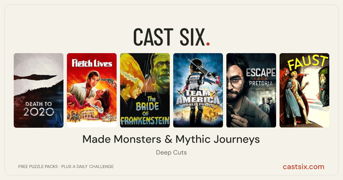 Made Monsters & Mythic Journeys: a Cast Six movie puzzle. Six movie posters in a row: Death to 2020, Fletch Lives, Bride of Frankenstein, Team America: World Police, Escape from Pretoria, Faust. Six movies, six categories, three checks. Free to play at castsix.com.
