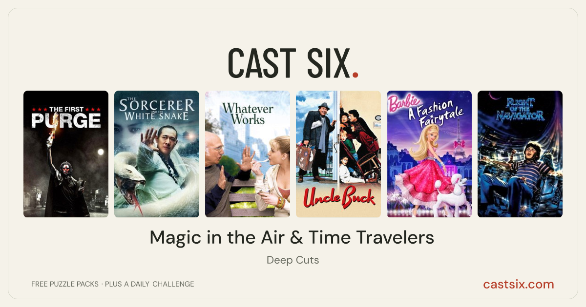 Magic in the Air & Time Travelers: a Cast Six movie puzzle. Six movie posters in a row: The First Purge, The Sorcerer and the White Snake, Whatever Works, Uncle Buck, Barbie: A Fashion Fairytale, Flight of the Navigator. Six movies, six categories, three checks. Free to play at castsix.com.