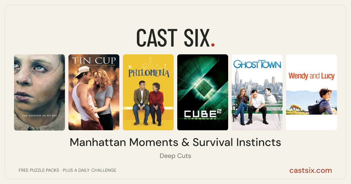 Manhattan Moments & Survival Instincts: a Cast Six movie puzzle. Six movie posters in a row: The Shadow in My Eye, Tin Cup, Philomena, Cube 2: Hypercube, Ghost Town, Wendy and Lucy. Six movies, six categories, three checks. Free to play at castsix.com.