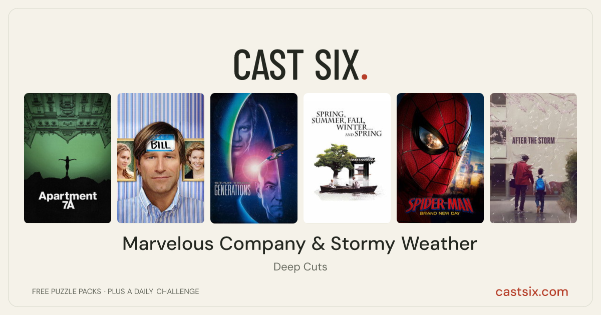 Marvelous Company & Stormy Weather: a Cast Six movie puzzle. Six movie posters in a row: Apartment 7A, Meet Bill, Star Trek: Generations, Spring, Summer, Fall, Winter... and Spring, Spider-Man: Brand New Day, After the Storm. Six movies, six categories, three checks. Free to play at castsix.com.