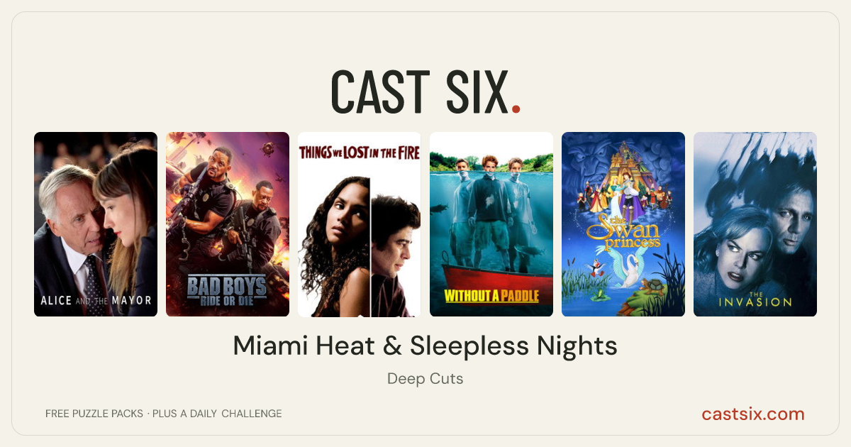 Miami Heat & Sleepless Nights: a Cast Six movie puzzle. Six movie posters in a row: Alice and the Mayor, Bad Boys: Ride or Die, Things We Lost in the Fire, Without a Paddle, The Swan Princess, The Invasion. Six movies, six categories, three checks. Free to play at castsix.com.