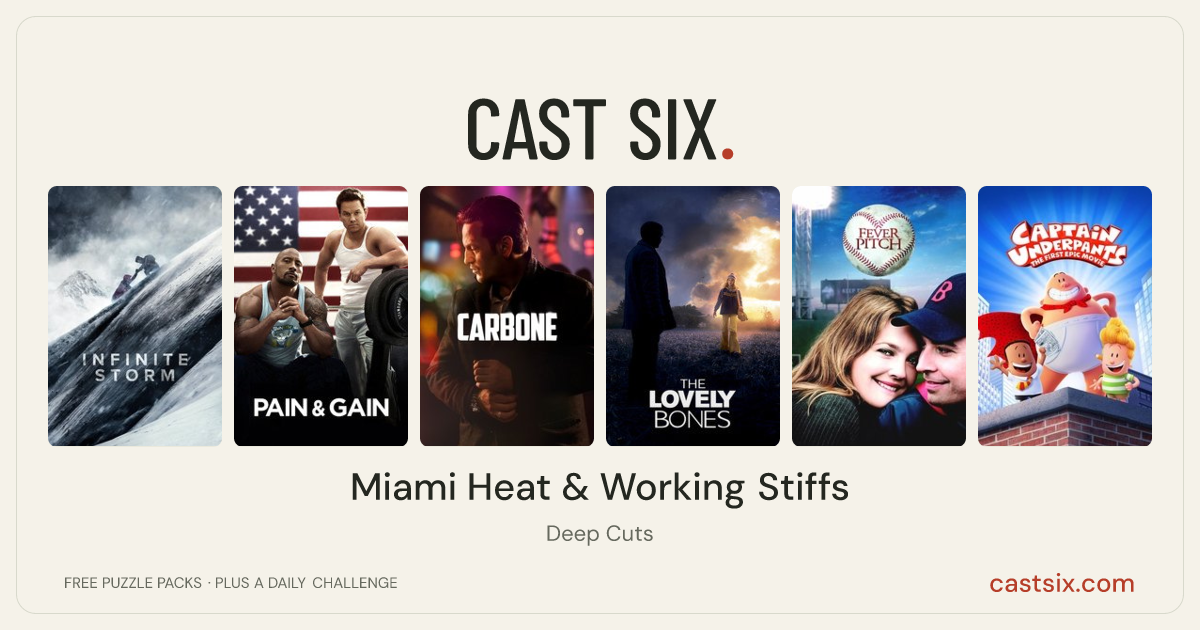 Miami Heat & Working Stiffs: a Cast Six movie puzzle. Six movie posters in a row: Infinite Storm, Pain & Gain, Carbone, The Lovely Bones, Fever Pitch, Captain Underpants: The First Epic Movie. Six movies, six categories, three checks. Free to play at castsix.com.