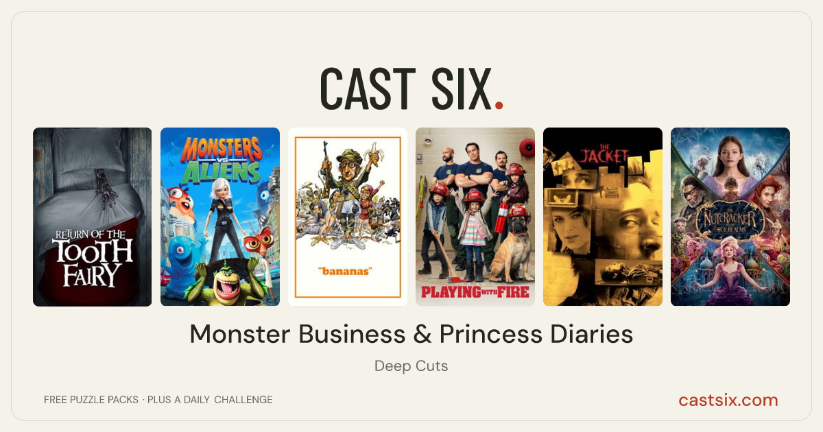 Monster Business & Princess Diaries: a Cast Six movie puzzle. Six movie posters in a row: Return of the Tooth Fairy, Monsters vs Aliens, Bananas, Playing with Fire, The Jacket, The Nutcracker and the Four Realms. Six movies, six categories, three checks. Free to play at castsix.com.