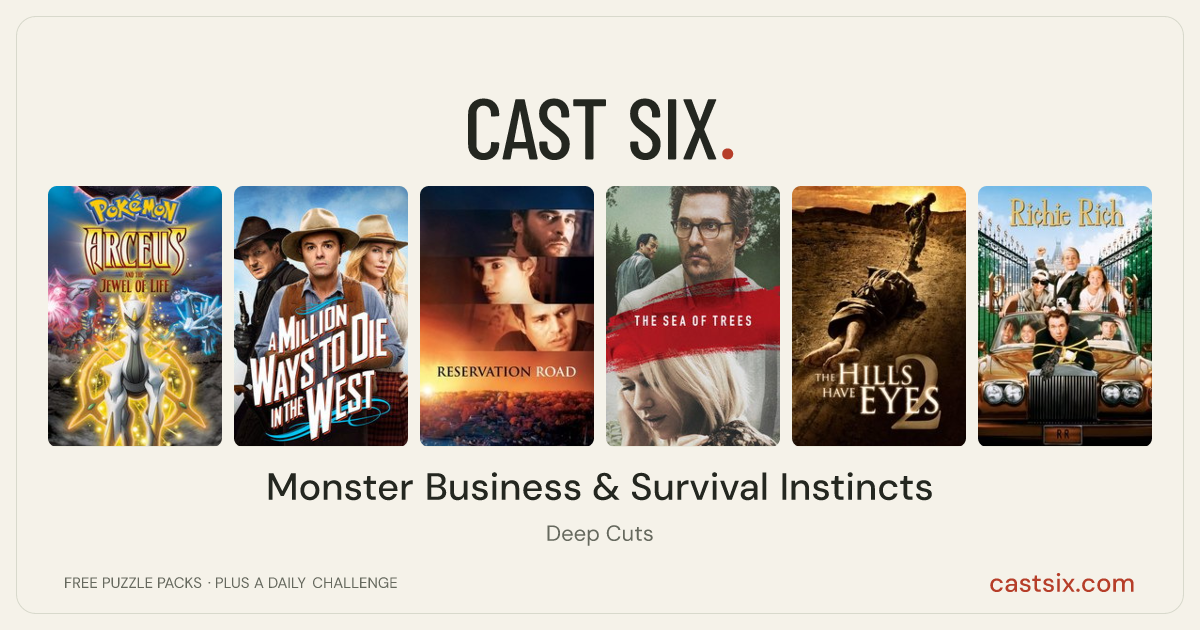 Monster Business & Survival Instincts: a Cast Six movie puzzle. Six movie posters in a row: Pokémon: Arceus and the Jewel of Life, A Million Ways to Die in the West, Reservation Road, The Sea of Trees, The Hills Have Eyes 2, Ri¢hie Ri¢h. Six movies, six categories, three checks. Free to play at castsix.com.