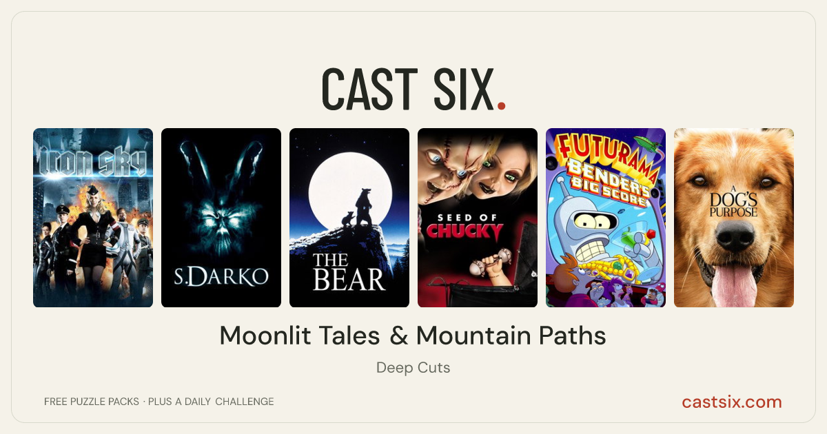 Moonlit Tales & Mountain Paths: a Cast Six movie puzzle. Six movie posters in a row: Iron Sky, S. Darko, The Bear, Seed of Chucky, Futurama: Bender's Big Score, A Dog's Purpose. Six movies, six categories, three checks. Free to play at castsix.com.