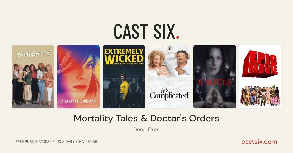 Mortality Tales & Doctor's Orders: a Cast Six movie puzzle. Six movie posters in a row: Steel Magnolias, A Fantastic Woman, Extremely Wicked, Shockingly Evil and Vile, It's Complicated, 6 Souls, Epic Movie. Six movies, six categories, three checks. Free to play at castsix.com.