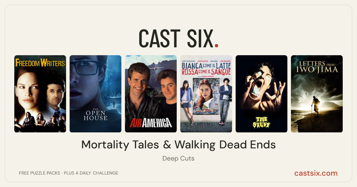 Mortality Tales & Walking Dead Ends: a Cast Six movie puzzle. Six movie posters in a row: Freedom Writers, The Open House, Air America, White as Milk, Red as Blood, The Stuff, Letters from Iwo Jima. Six movies, six categories, three checks. Free to play at castsix.com.
