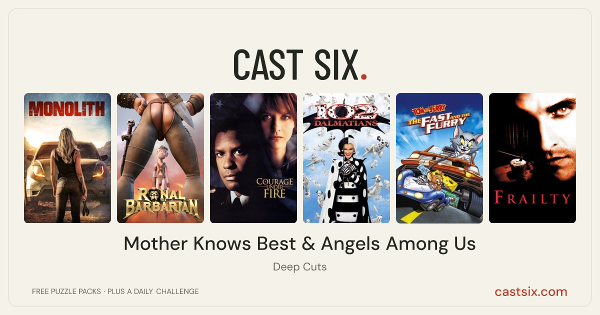 Mother Knows Best & Angels Among Us: a Cast Six movie puzzle. Six movie posters in a row: Monolith, Ronal the Barbarian, Courage Under Fire, 102 Dalmatians, Tom and Jerry: The Fast and the Furry, Frailty. Six movies, six categories, three checks. Free to play at castsix.com.