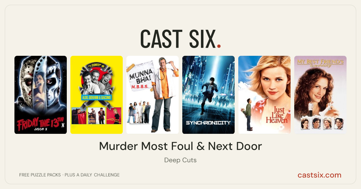 Murder Most Foul & Next Door: a Cast Six movie puzzle. Six movie posters in a row: Jason X, “The Shorts” by Aldo, Giovanni and Giacomo, Munna Bhai M.B.B.S., Synchronicity, Just Like Heaven, My Best Friend's Wedding. Six movies, six categories, three checks. Free to play at castsix.com.