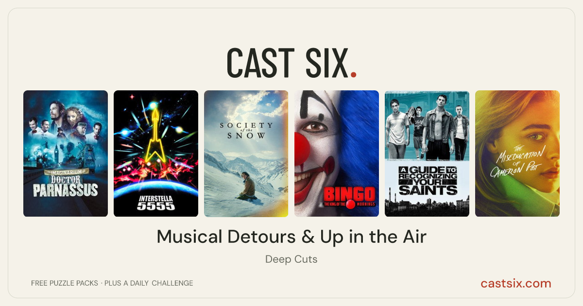 Musical Detours & Up in the Air: a Cast Six movie puzzle. Six movie posters in a row: The Imaginarium of Doctor Parnassus, Interstella 5555: The 5tory of the 5ecret 5tar 5ystem, Society of the Snow, Bingo: The King of the Mornings, A Guide to Recognizing Your Saints, The Miseducation of Cameron Post. Six movies, six categories, three checks. Free to play at castsix.com.