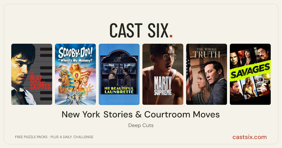 New York Stories & Courtroom Moves: a Cast Six movie puzzle. Six movie posters in a row: The Beat That My Heart Skipped, Scooby-Doo! in Where's My Mummy?, My Beautiful Laundrette, Marty Supreme, The Whole Truth, Savages. Six movies, six categories, three checks. Free to play at castsix.com.