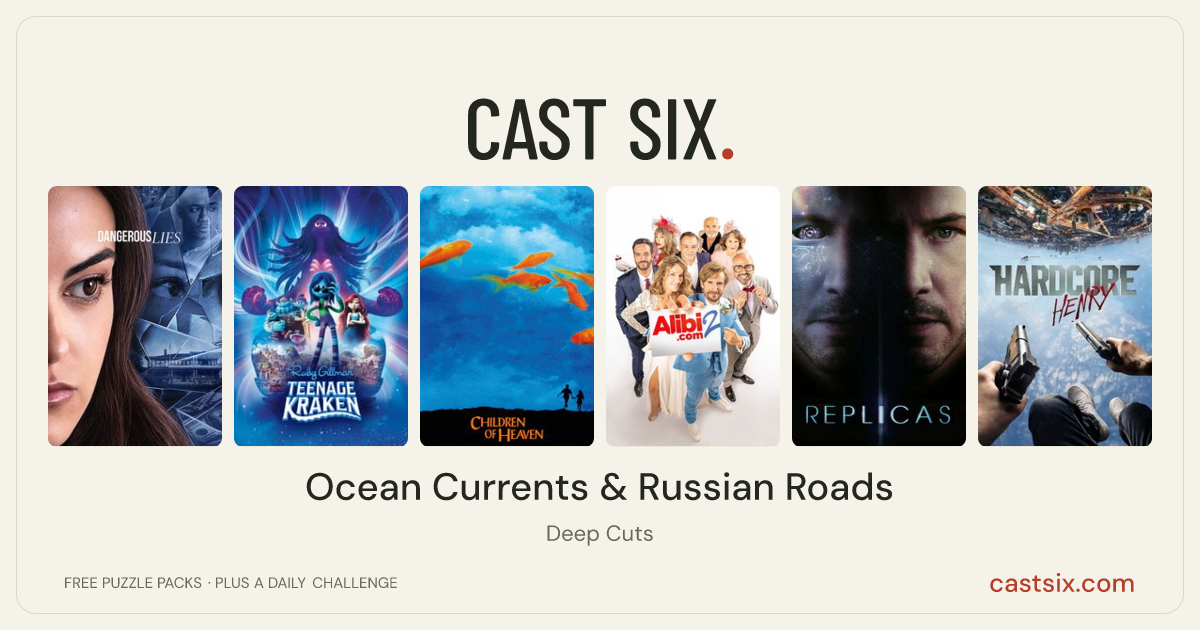 Ocean Currents & Russian Roads: a Cast Six movie puzzle. Six movie posters in a row: Dangerous Lies, Ruby Gillman, Teenage Kraken, Children of Heaven, Alibi.com 2, Replicas, Hardcore Henry. Six movies, six categories, three checks. Free to play at castsix.com.