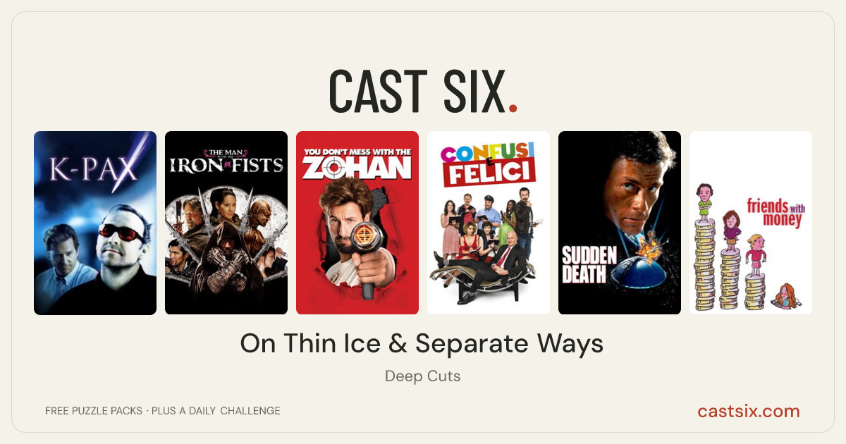 On Thin Ice & Separate Ways: a Cast Six movie puzzle. Six movie posters in a row: K-PAX, The Man with the Iron Fists, You Don't Mess with the Zohan, Happily Mixed Up, Sudden Death, Friends with Money. Six movies, six categories, three checks. Free to play at castsix.com.