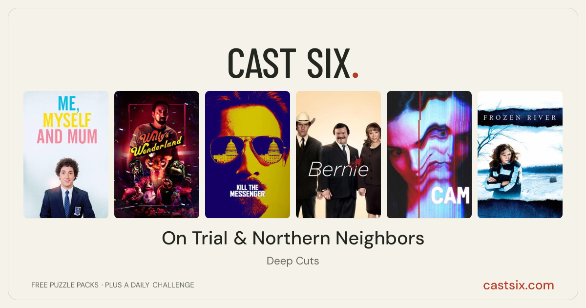 On Trial & Northern Neighbors: a Cast Six movie puzzle. Six movie posters in a row: Me, Myself and Mum, Willy's Wonderland, Kill the Messenger, Bernie, Cam, Frozen River. Six movies, six categories, three checks. Free to play at castsix.com.