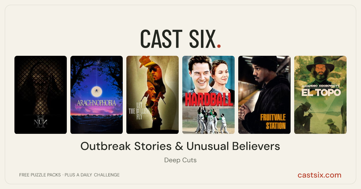 Outbreak Stories & Unusual Believers: a Cast Six movie puzzle. Six movie posters in a row: The Nun II, Arachnophobia, Let the Bullets Fly, Hardball, Fruitvale Station, El Topo. Six movies, six categories, three checks. Free to play at castsix.com.