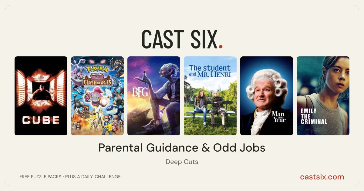 Parental Guidance & Odd Jobs: a Cast Six movie puzzle. Six movie posters in a row: Cube, Pokémon the Movie: Hoopa and the Clash of Ages, The BFG, The Student and Mister Henri, Man of the Year, Emily the Criminal. Six movies, six categories, three checks. Free to play at castsix.com.
