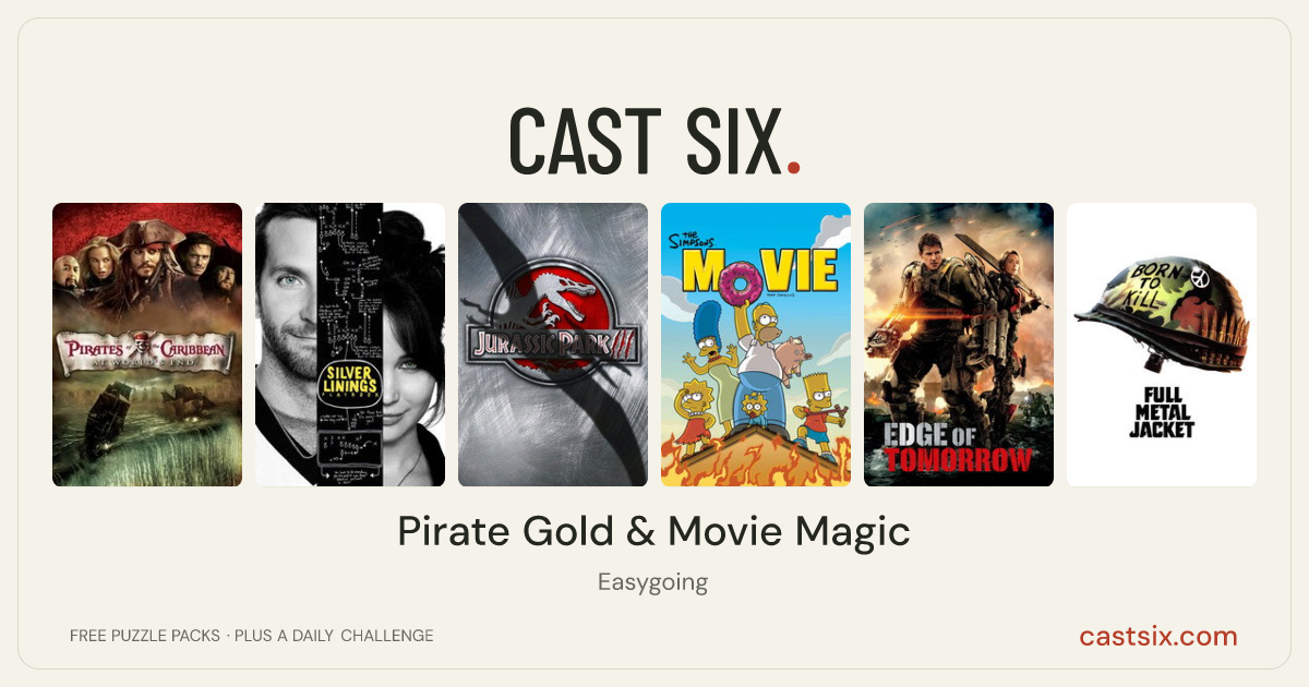 Pirate Gold & Movie Magic: a Cast Six movie puzzle. Six movie posters in a row: Pirates of the Caribbean: At World's End, Silver Linings Playbook, Jurassic Park III, The Simpsons Movie, Edge of Tomorrow, Full Metal Jacket. Six movies, six categories, three checks. Free to play at castsix.com.