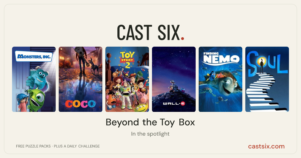 Beyond the Toy Box: a Cast Six movie puzzle. Six movie posters in a row: Monsters, Inc., Coco, Toy Story 2, WALL·E, Finding Nemo, Soul. Six movies, six categories, three checks. Free to play at castsix.com.