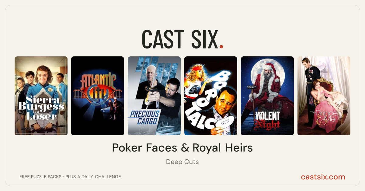Poker Faces & Royal Heirs: a Cast Six movie puzzle. Six movie posters in a row: Sierra Burgess Is a Loser, Atlantic City, Precious Cargo, Talcum Powder, Violent Night, The Prince & Me. Six movies, six categories, three checks. Free to play at castsix.com.
