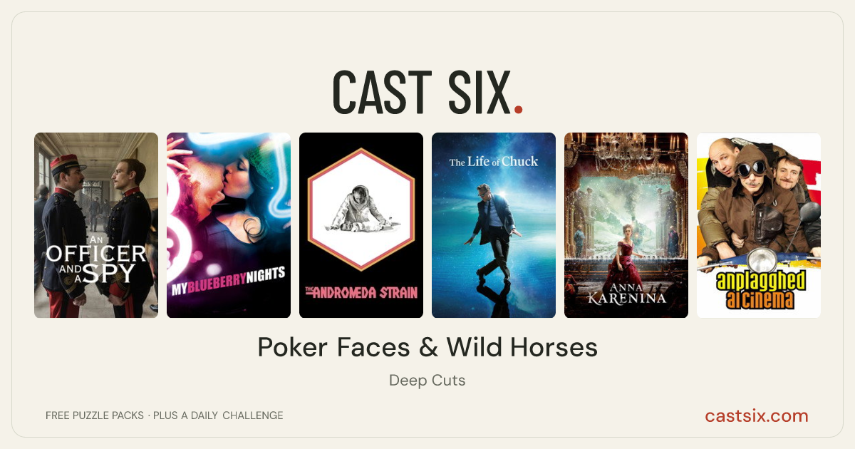 Poker Faces & Wild Horses: a Cast Six movie puzzle. Six movie posters in a row: An Officer and a Spy, My Blueberry Nights, The Andromeda Strain, The Life of Chuck, Anna Karenina, Anplagghed al Cinema. Six movies, six categories, three checks. Free to play at castsix.com.