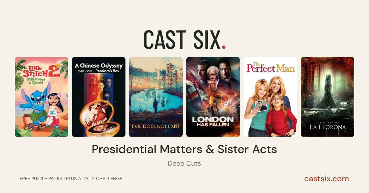 Presidential Matters & Sister Acts: a Cast Six movie puzzle. Six movie posters in a row: Lilo & Stitch 2: Stitch Has a Glitch, A Chinese Odyssey Part One: Pandora's Box, Evil Does Not Exist, London Has Fallen, The Perfect Man, The Curse of La Llorona. Six movies, six categories, three checks. Free to play at castsix.com.