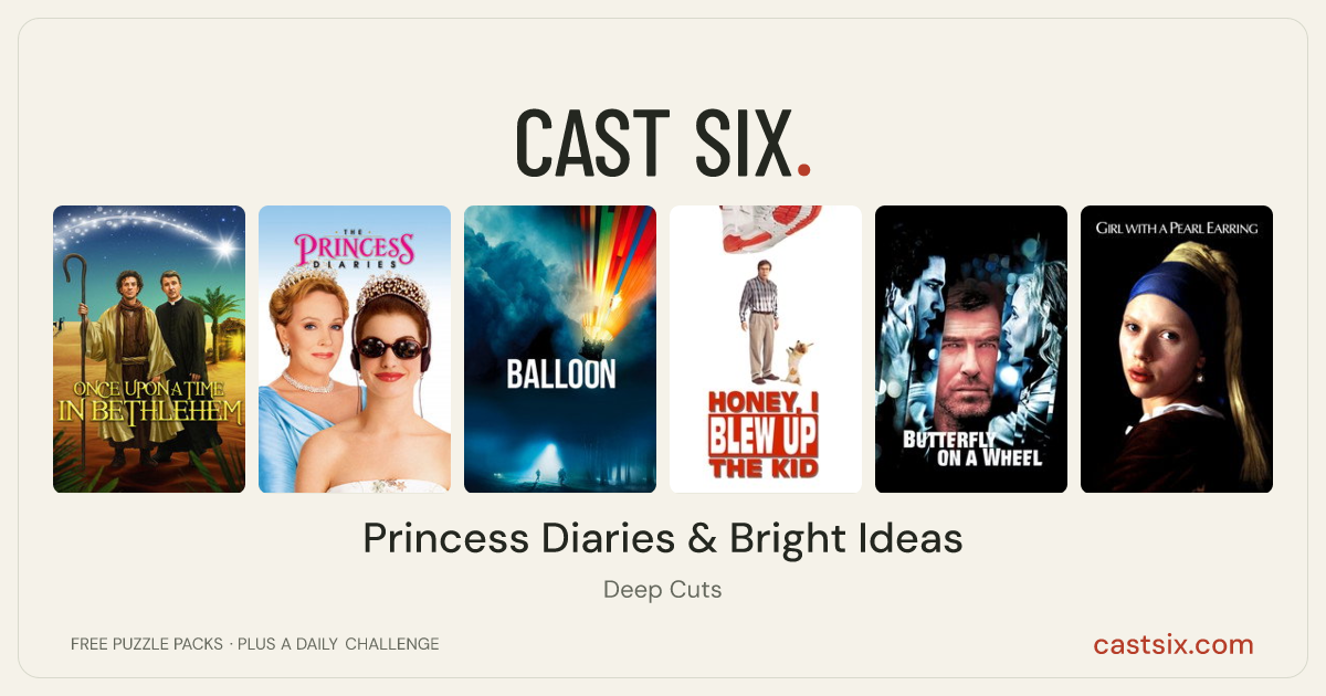 Princess Diaries & Bright Ideas: a Cast Six movie puzzle. Six movie posters in a row: Once Upon a Time in Bethlehem, The Princess Diaries, Balloon, Honey, I Blew Up the Kid, Butterfly on a Wheel, Girl with a Pearl Earring. Six movies, six categories, three checks. Free to play at castsix.com.
